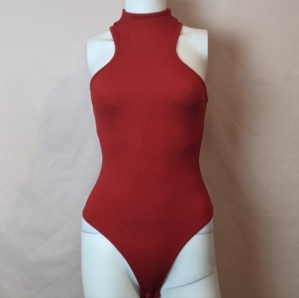Fashion Nova Eden Snatched Ribbed High Neck Sleeveless Red Bodysuit size XS
